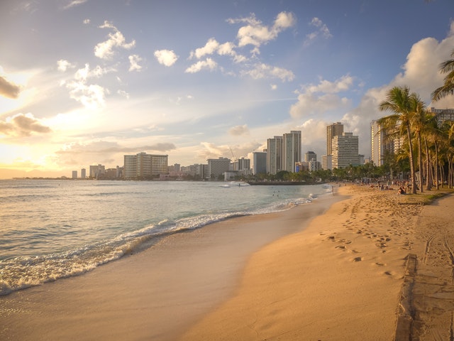 A tropical beach at sunset with skyscrapers in the distance.