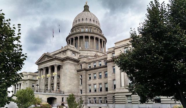 A side-angled shot of the Idaho State Capitol Building.