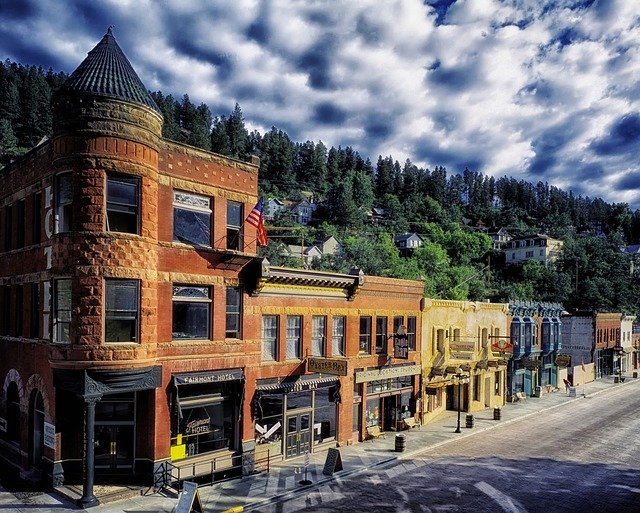 The town of the historic buildings and scenery of Deadwood, South Dakota.