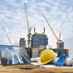 In the foreground, paper blueprints rest on a work table alongside a hardhat and schematics displayed on smartphones and a tablet, while cranes and scaffolding surround a large building under construction in the background.
