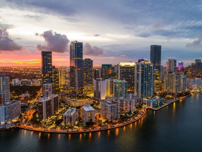 Aerial twilight Brickell Miami Florida USA